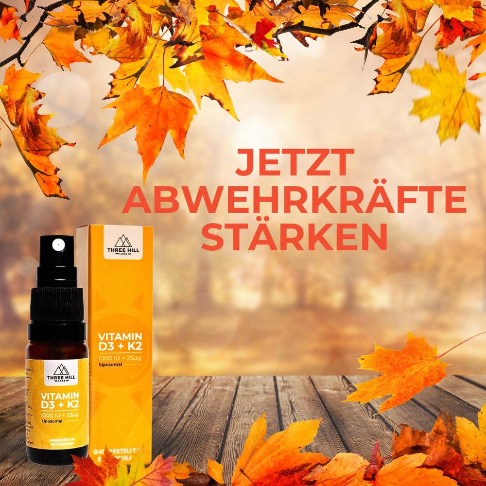 Produkt-Sprayflasche und Verpackung vor herbstlichem Hintergrund. Text: JETZT ABWEHRKRÄFTE STÄRKEN. Marke: Three Hill Labs. Produkt: Vitamin D3 + K2.
