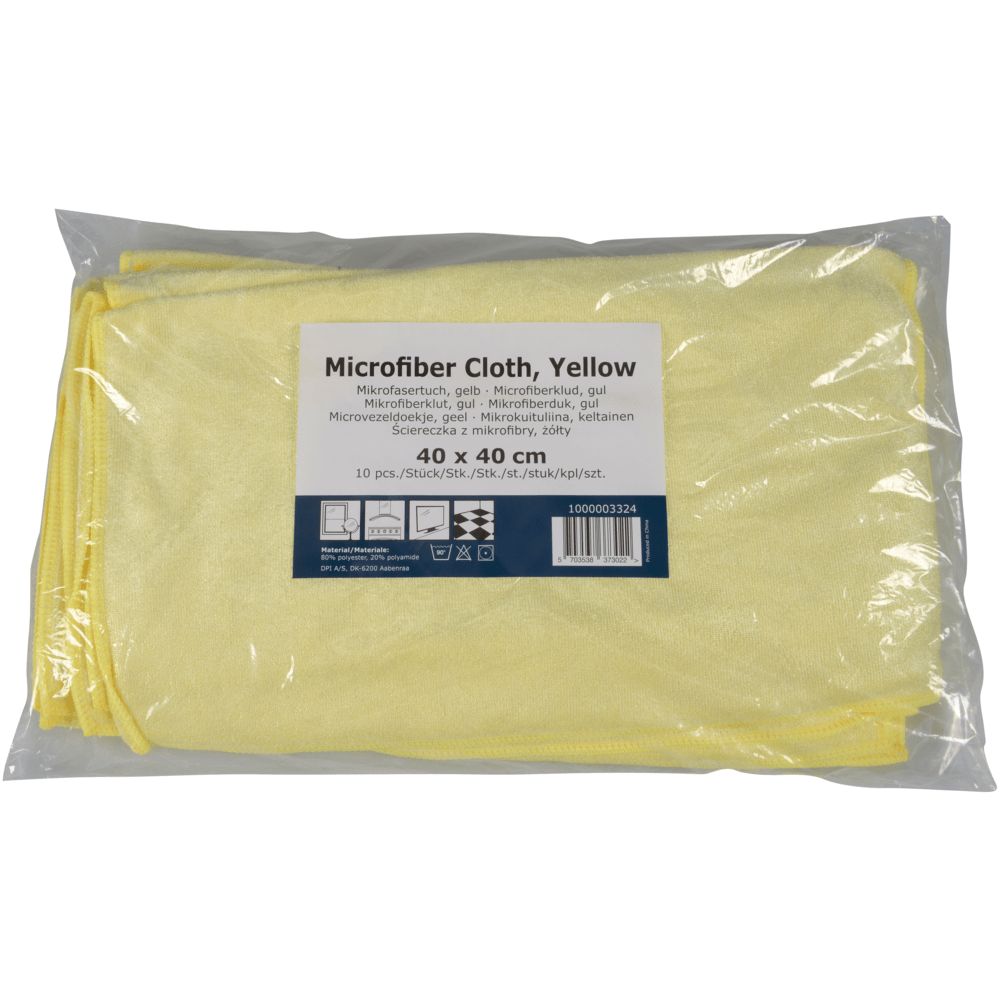 Gelbes Mikrofasertuch-Set in Plastikverpackung. Größe 40 x 40 cm. Aufschrift: Microfiber Cloth, Yellow.