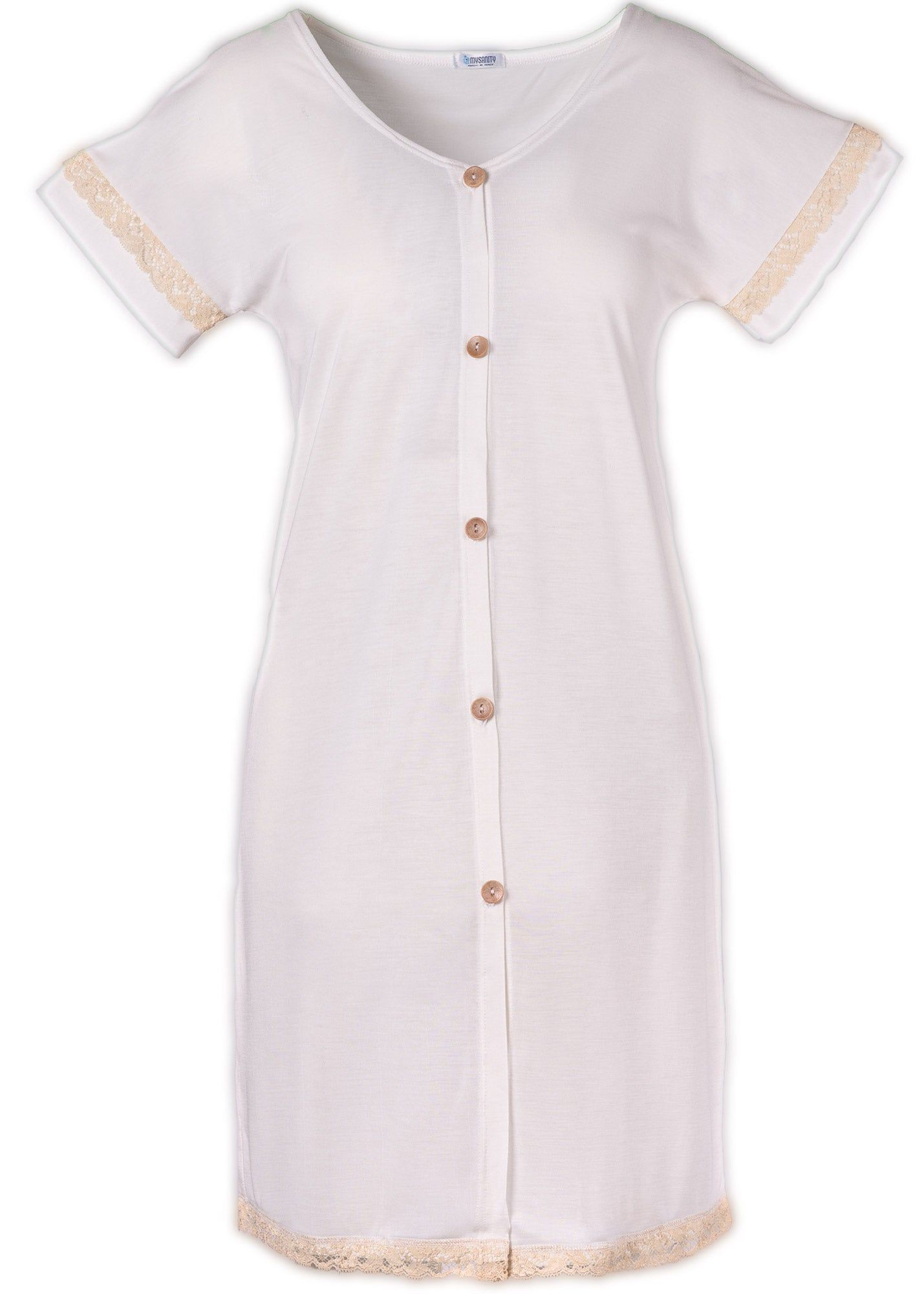 Elfenbeinfarbenes Geburtshemd aus Bambus mit Spitze. Kurze Ärmel, Knopfleiste, Spitze an Ärmeln und Saum.
