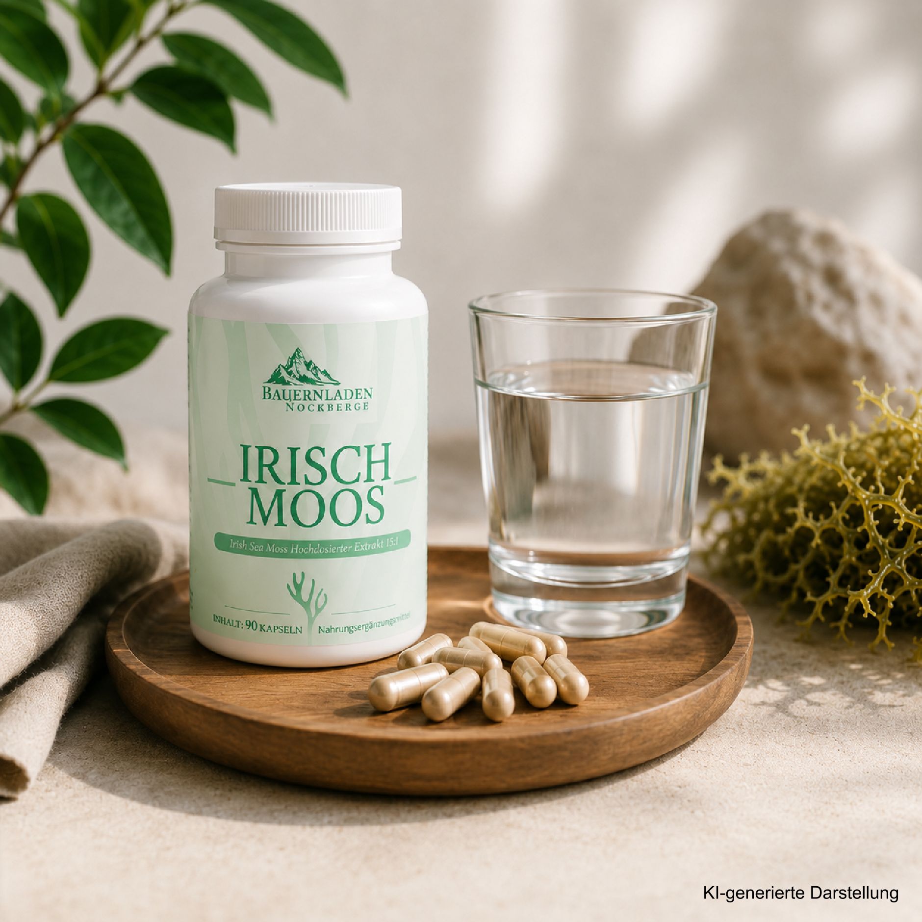 Dose Irisch Moos Kapseln auf Holztablett mit Glas Wasser und Moos.