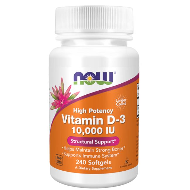 Weiße Flasche mit Vitamin D-3. Aufschrift: High Potency, 10.000 IU, 240 Softgels. Marke: NOW. Orangefarbener Aufkleber mit Produktinformationen.
