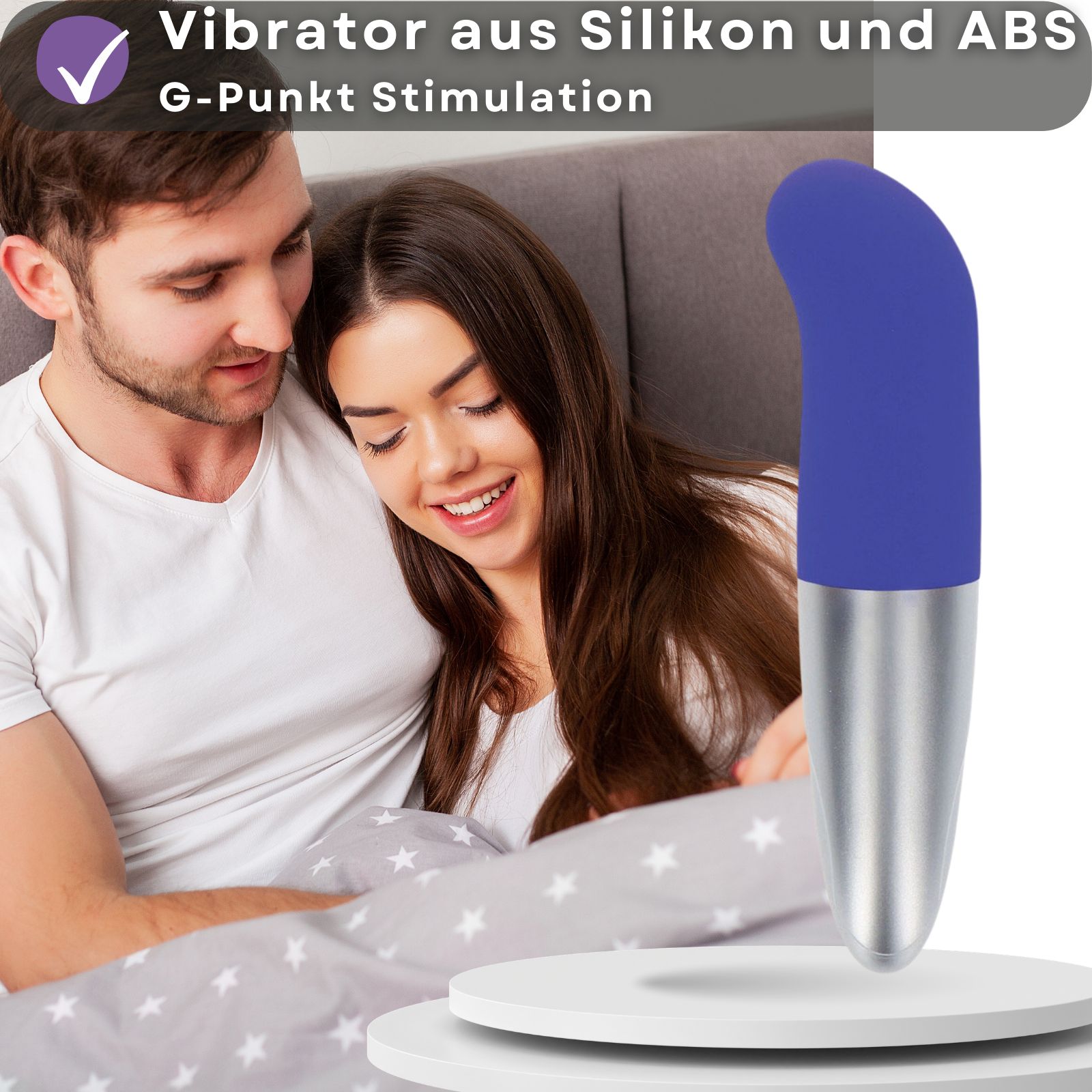 Blauer Vibrator mit silbernem Ende. Aus Silikon und ABS-Kunststoff. G-Punkt Stimulation.