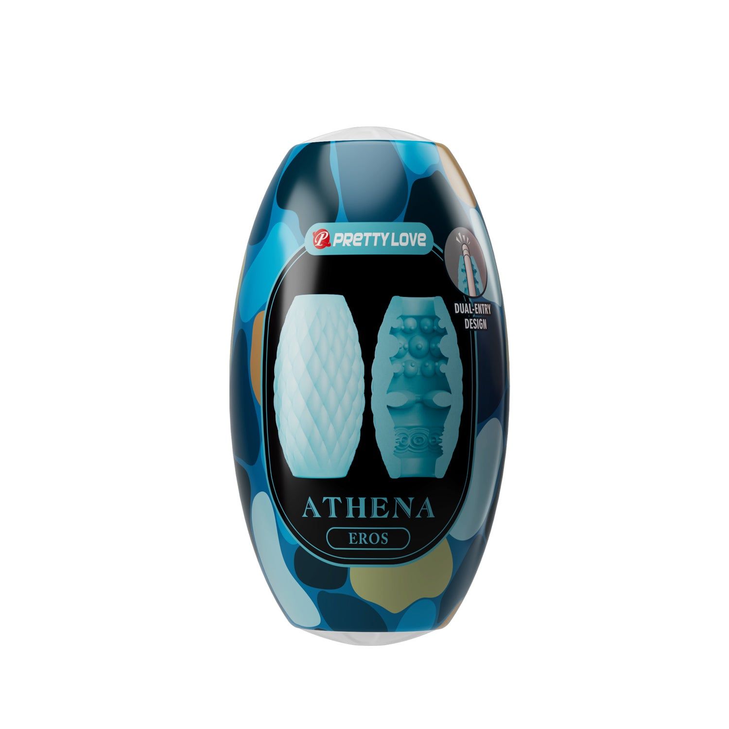 Verpackung mit blauem, länglichem Produkt. Marke: Pretty Love, Athena Eros.