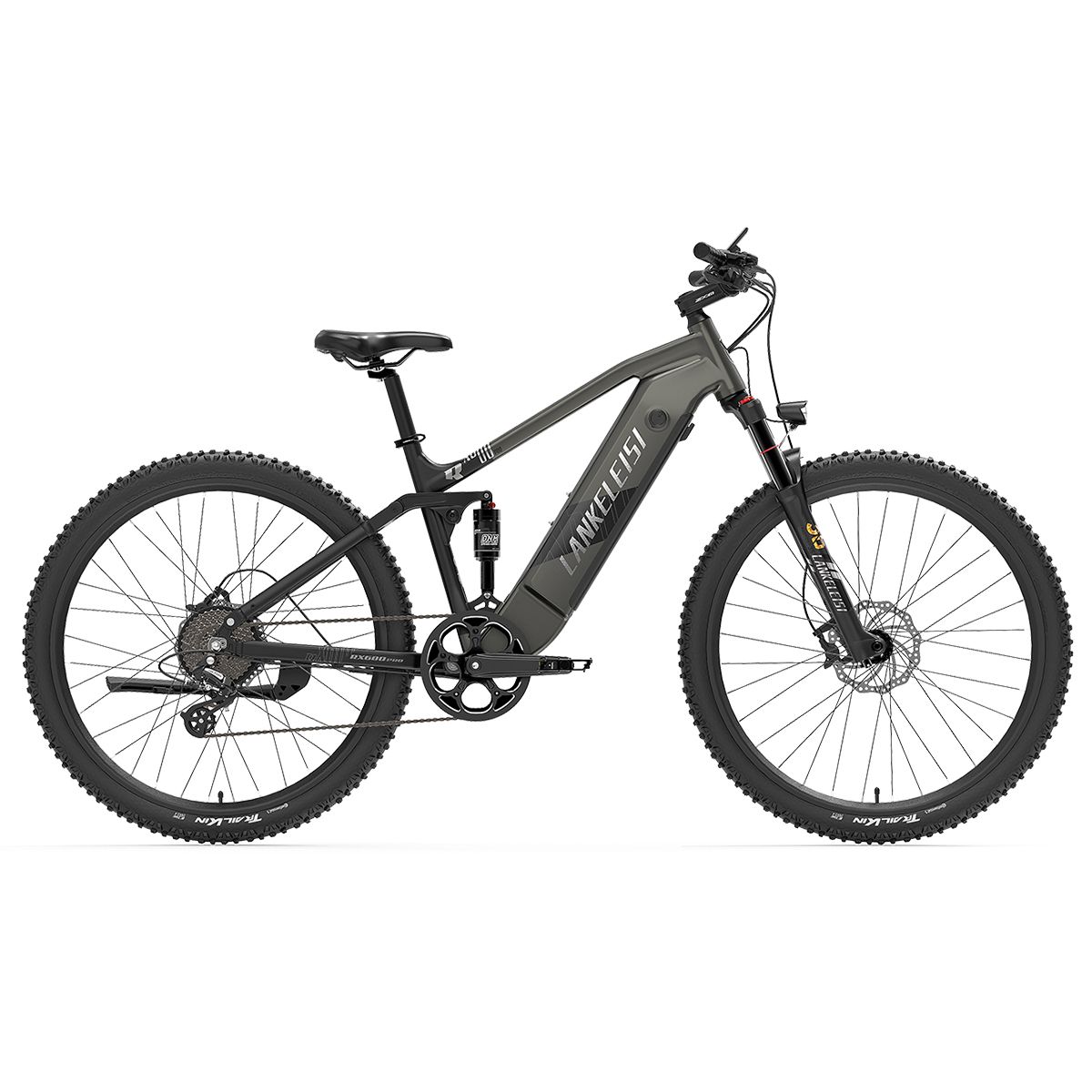 Graues E-Bike LANKELEISI RX600 Pro. Schwarze Reifen, Sattel und Lenker. Gelbe Schrift auf dem Rahmen.