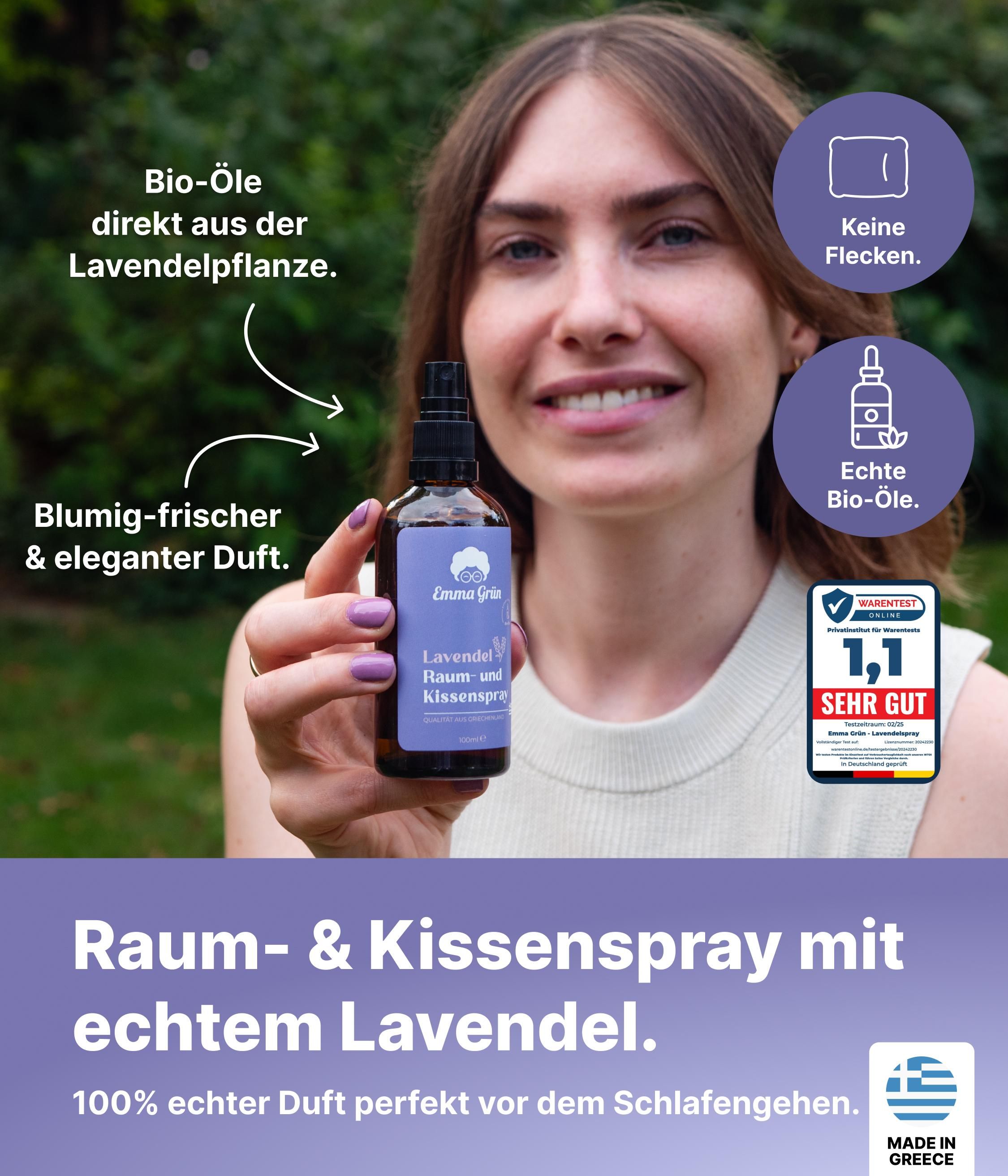 Frau hält Sprühflasche mit Kissenspray. Bio-Siegel und Testergebnis. Text: Lavendel Raum- & Kissenspray.