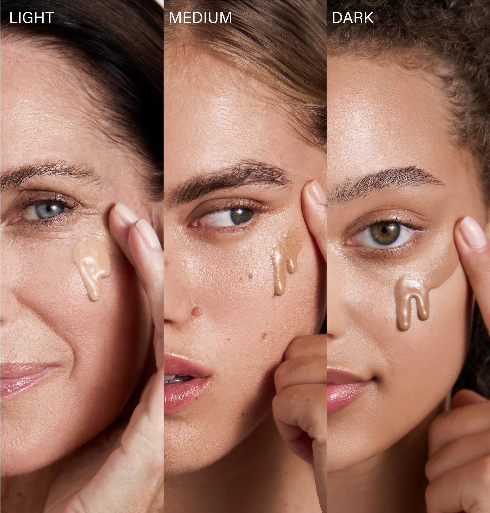 Drei Frauen mit BB Serum auf der Haut. Markierungen: Light, Medium, Dark. Produkt wird aufgetragen.