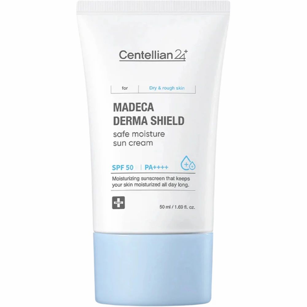 Weiße Tube mit blauem Deckel. Aufschrift: MADECA DERMA SHIELD safe moisture sun cream SPF 50. Text: Moisturizing sunscreen that keeps your skin moisturized all day long.