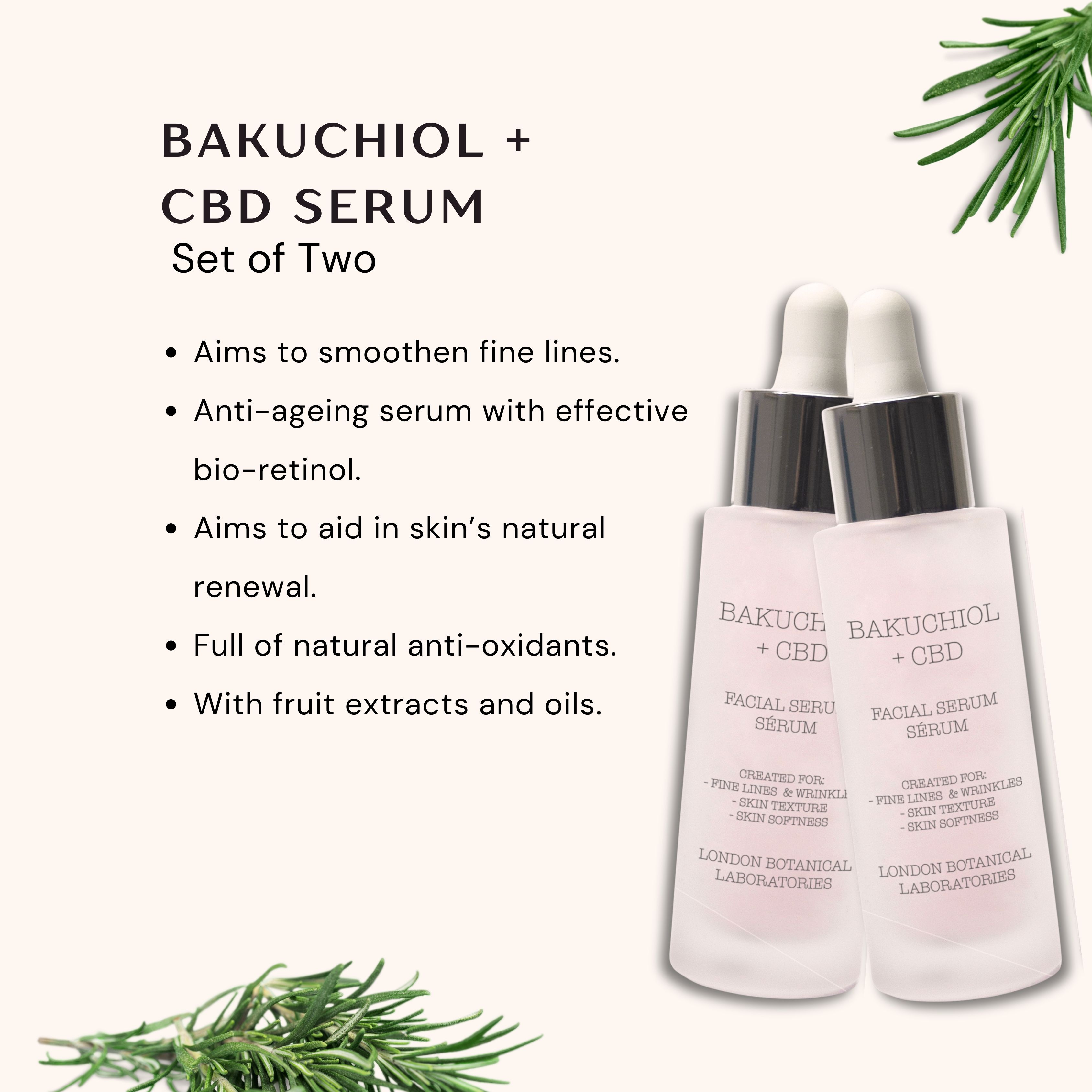 Zwei Serumflaschen mit Bakuchiol + CBD. Text: Set of Two. Grünzeug im Hintergrund.