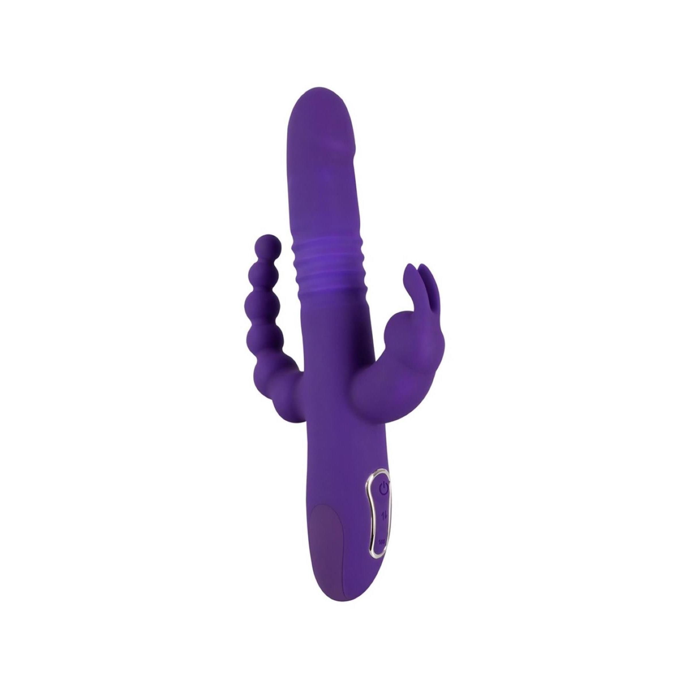 Lila Vibrator mit Kaninchenohren und Perlen. Mit Bedienknopf. Auf weißem Hintergrund.