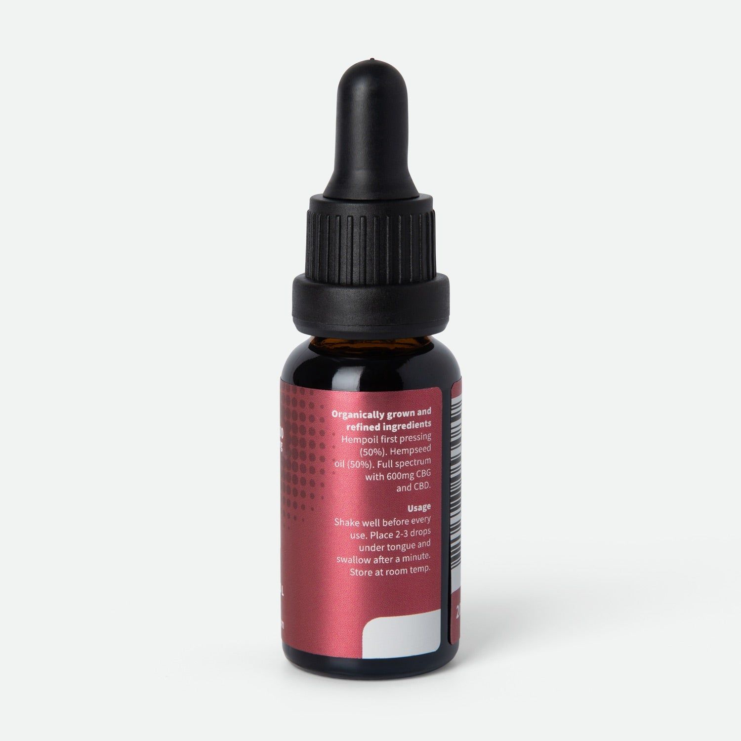 Braune Glasflasche mit schwarzem Tropfer. Rotes Etikett mit Text: Organisch, Hanföl, mit 3% CBG und CBD. Gebrauchsanweisung.