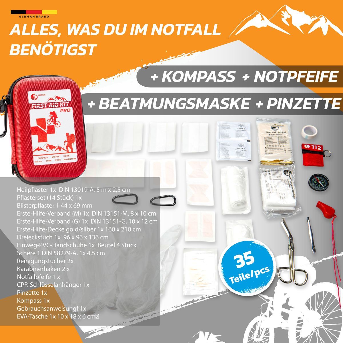 Erste-Hilfe-Set mit Inhalt. Enthält: Pflaster, Verband, Beatmungsmaske, Pinzette, Kompass, Notfallpfeife, Schere.