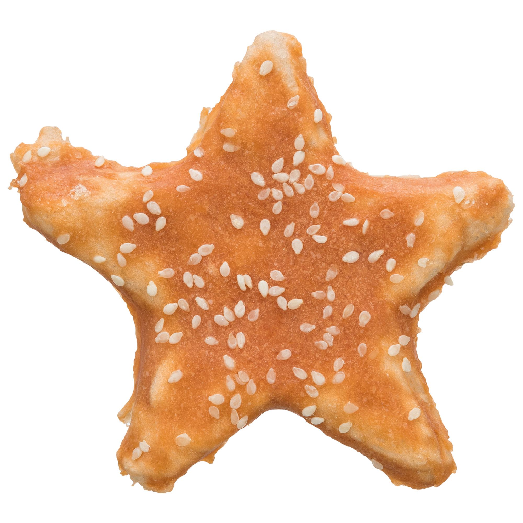 Weihnachtsstern mit Hühnchen, sternförmig, mit Sesam bestreut, auf weißem Hintergrund.