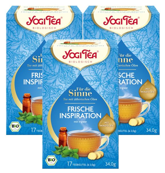 Mehrere Packungen Yogi Tea Bio Kräutertee. Blaue Verpackung mit Produktnamen und Logo. Abbildung von Tee, Ingwer und Minze.