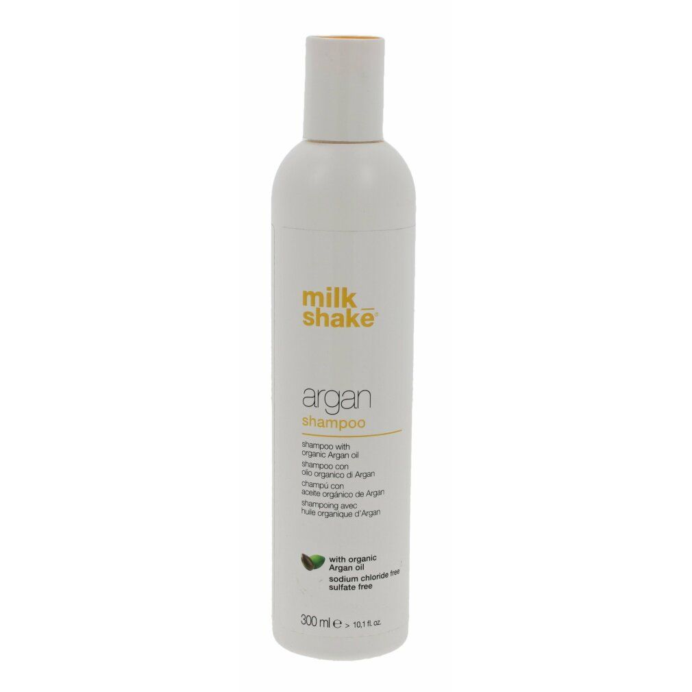 Weiße Flasche mit gelbem Aufdruck. Beschriftung: milk_shake Argan Shampoo. Enthält Arganöl. 300 ml.