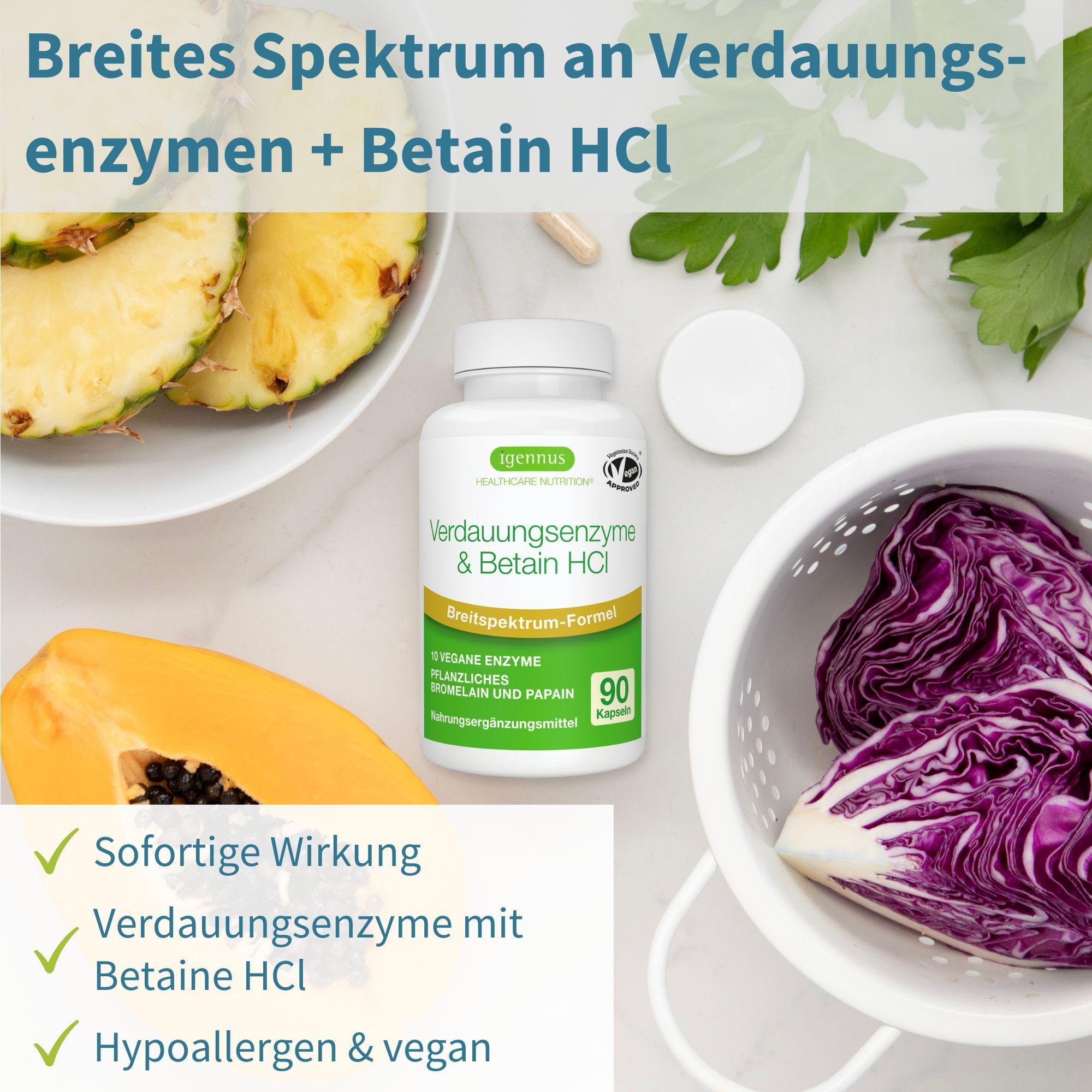 Igennus Verdauungsenzyme & Betain HCl Kapseln, 90 Stück. Mit Ananas, Papaya und Rotkohl.