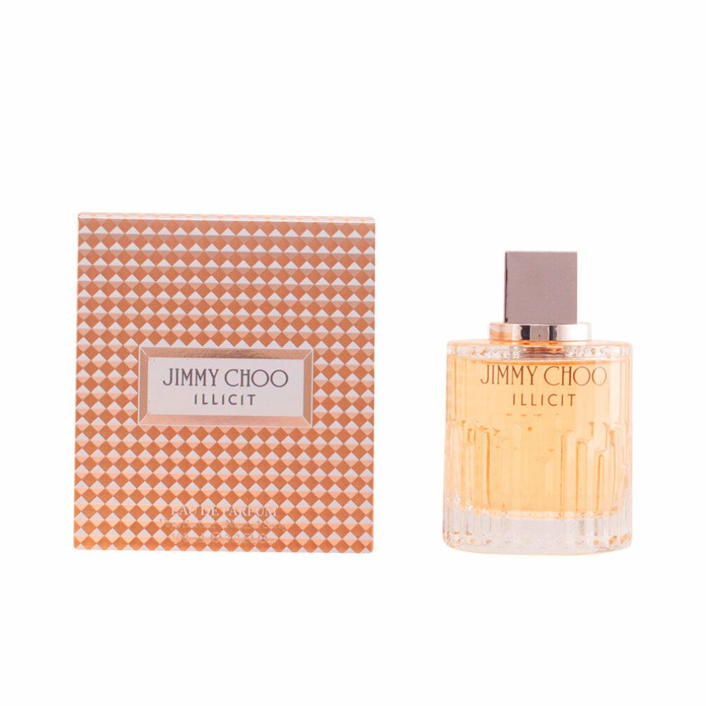 Parfümflasche und Verpackung. Aufschrift: Jimmy Choo Illicit. Quadratische Verpackung mit Muster.