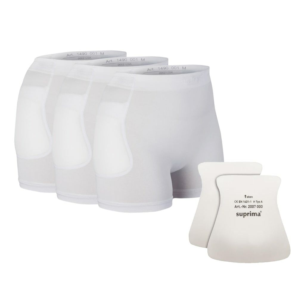Weißes Hüftschutz-Set mit drei Unterhosen und zwei Protektoren. Protektoren mit Aufdruck. Produktname: suprima.