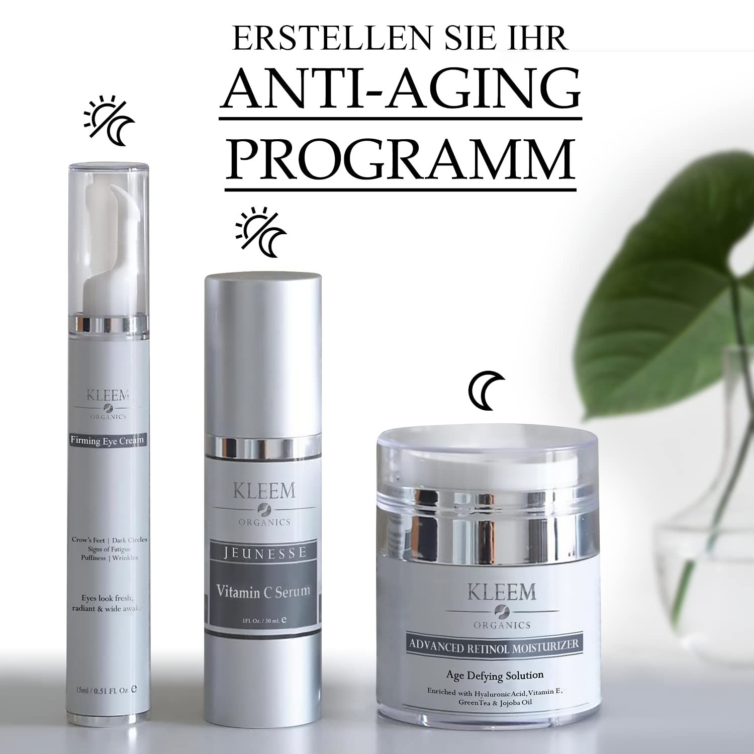 Drei Kleem Organics Produkte: Augencreme, Vitamin C Serum, und Advanced Retinol Moisturizer. Alle in silbernen Behältern.