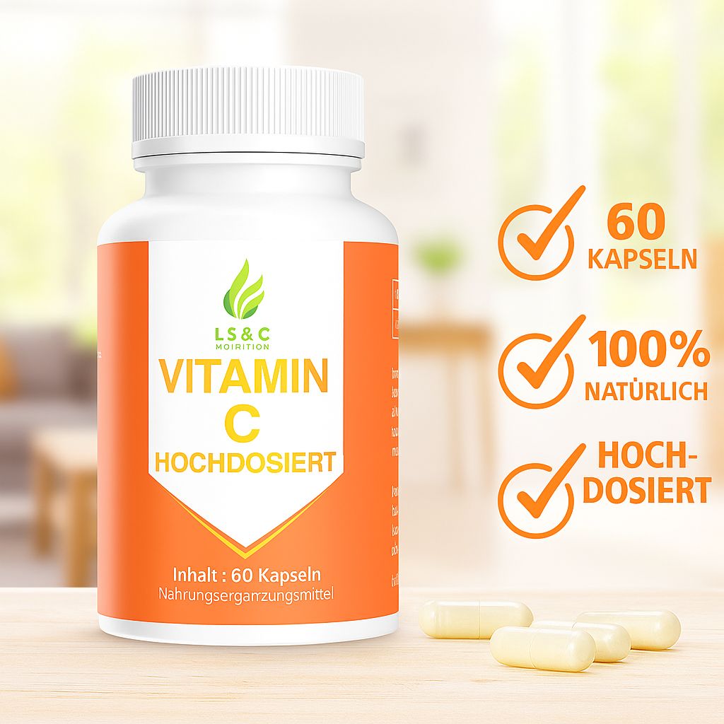Weiße Flasche mit Vitamin C-Kapseln. Orangefarbenes Etikett mit Text: Vitamin C, LS & C Nutrition. Zusätzliche Textfelder.