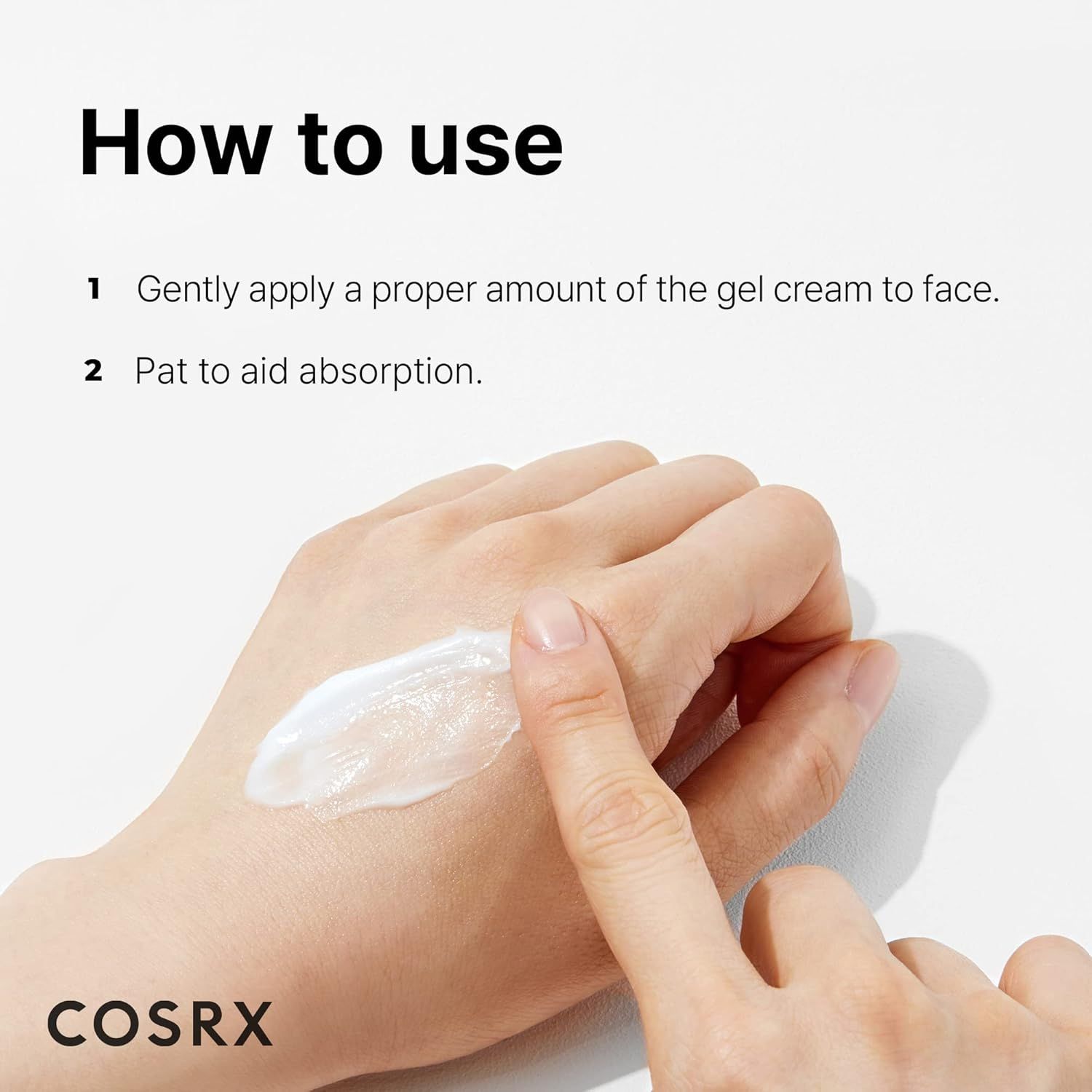 Hand mit Creme. Text: "How to use", "Gently apply...", "Pat to aid absorption", "COSRX".