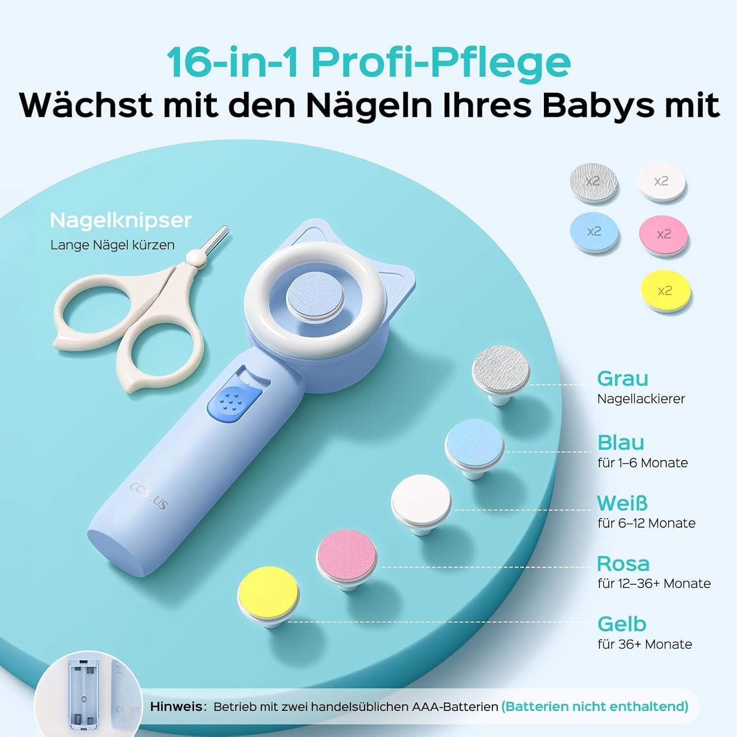Blaues Nagelpflegeset mit Zubehör. Graue, blaue, weiße, rosa und gelbe Schleifköpfe. Text: COSLUS, Nagelknipser, Batterien.
