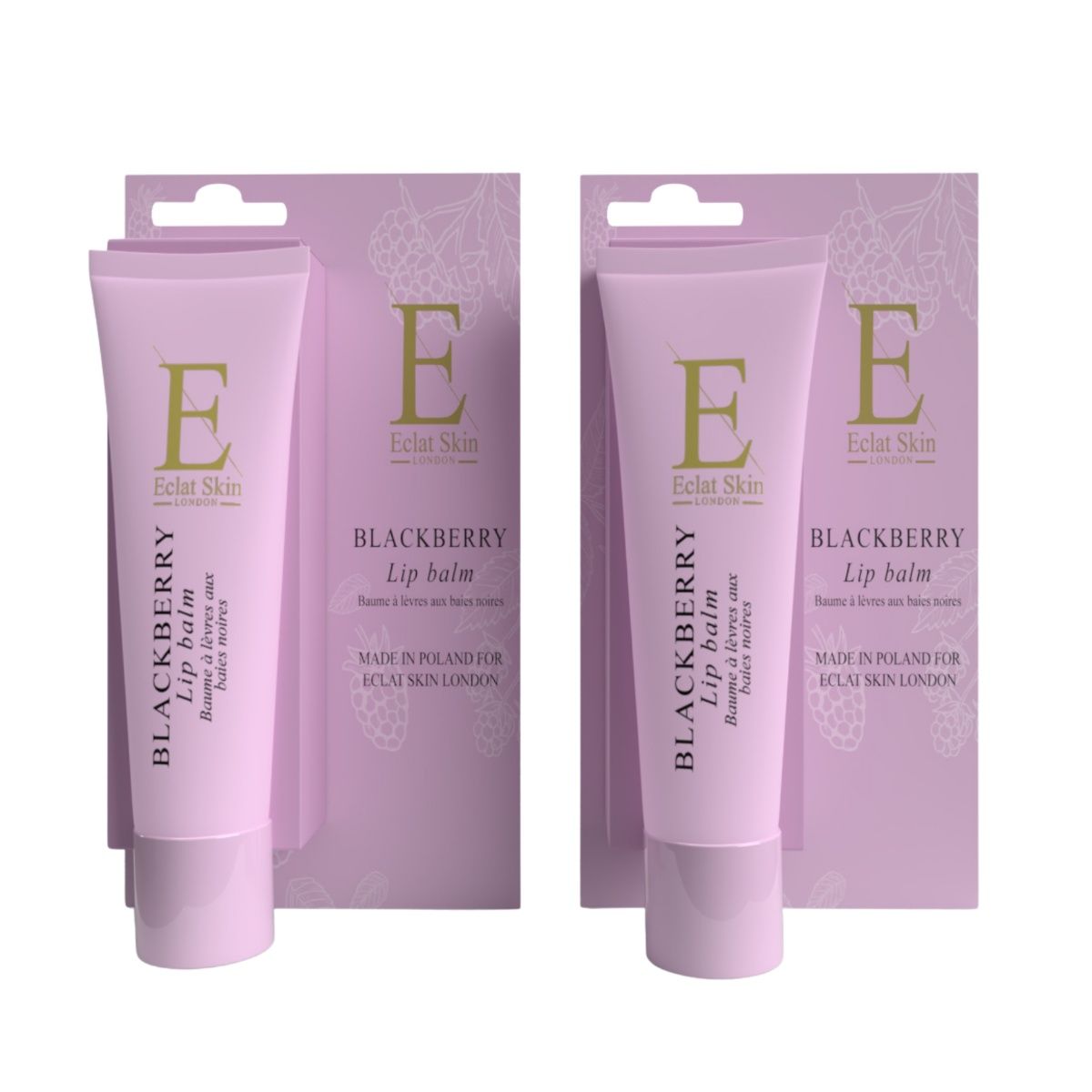 Zwei rosa Lippenbalsam-Tuben mit Verpackung. Aufschrift: Blackberry Lip Balm. Marke: Eclat Skin London.