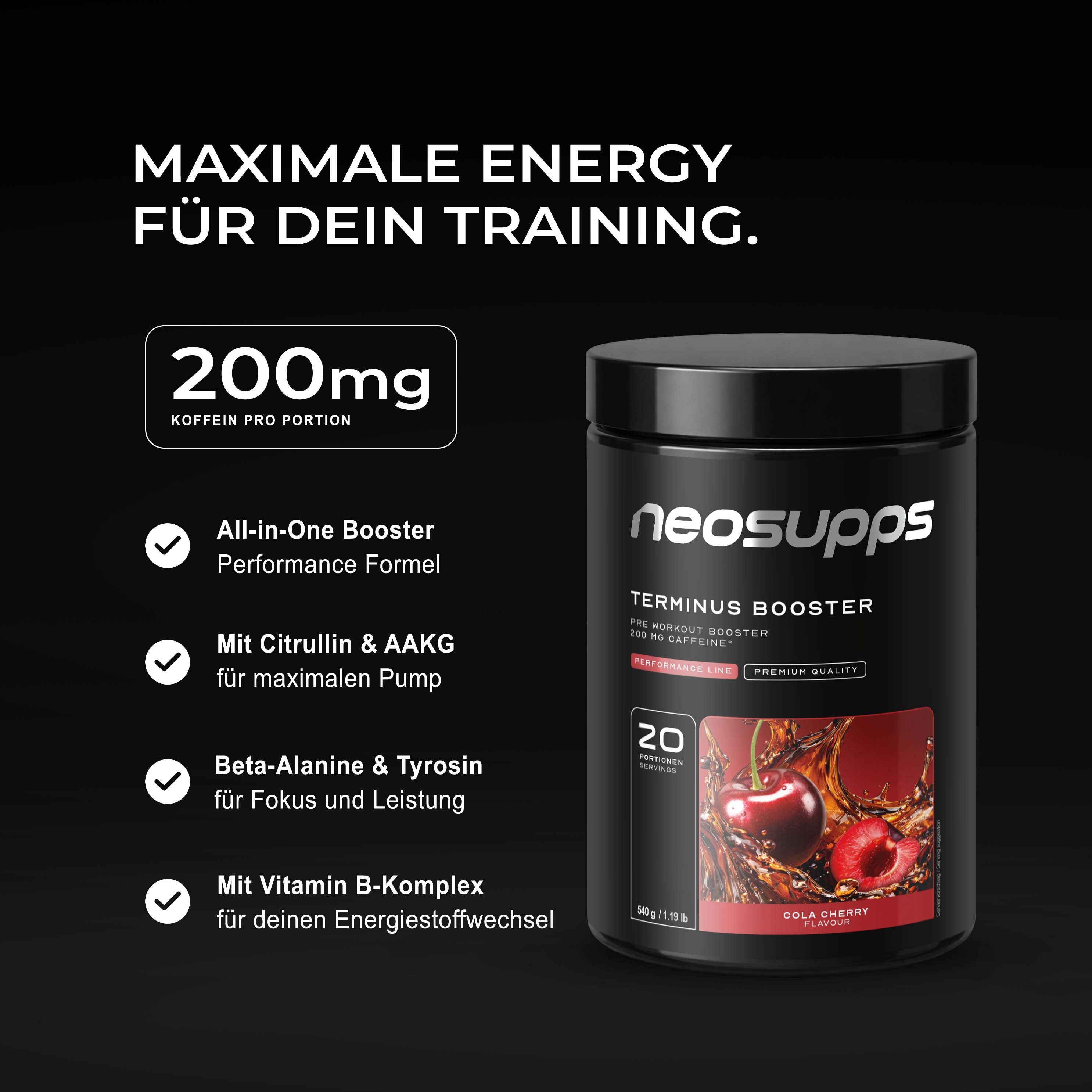Schwarze Dose mit "neosupps Terminus Booster Cola Cherry". Text: 200mg Koffein, Inhaltsstoffe. Schwarzer Hintergrund.