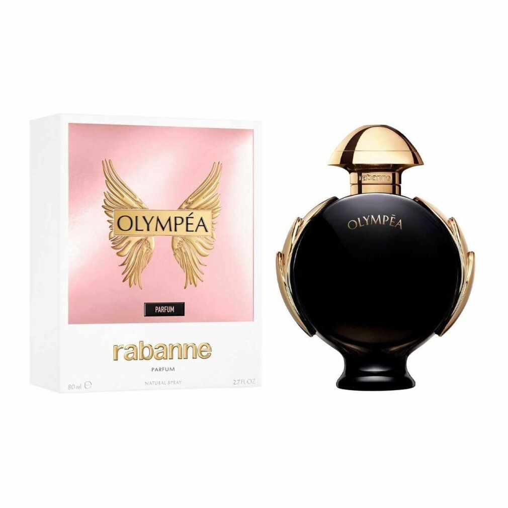 Parfumflakon und Verpackung. Schwarzer Flakon mit goldenen Akzenten. Weiße Box mit goldenen Flügeln und Schriftzug 'OLYMPÉA'.
