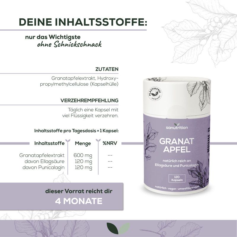 Infografik mit 'Sanutrition Granatapfel'. Zutatenliste, Verzehrempfehlung, Inhaltsstofftabelle. Dose und Text: '120 Kapseln', '4 MONATE'.