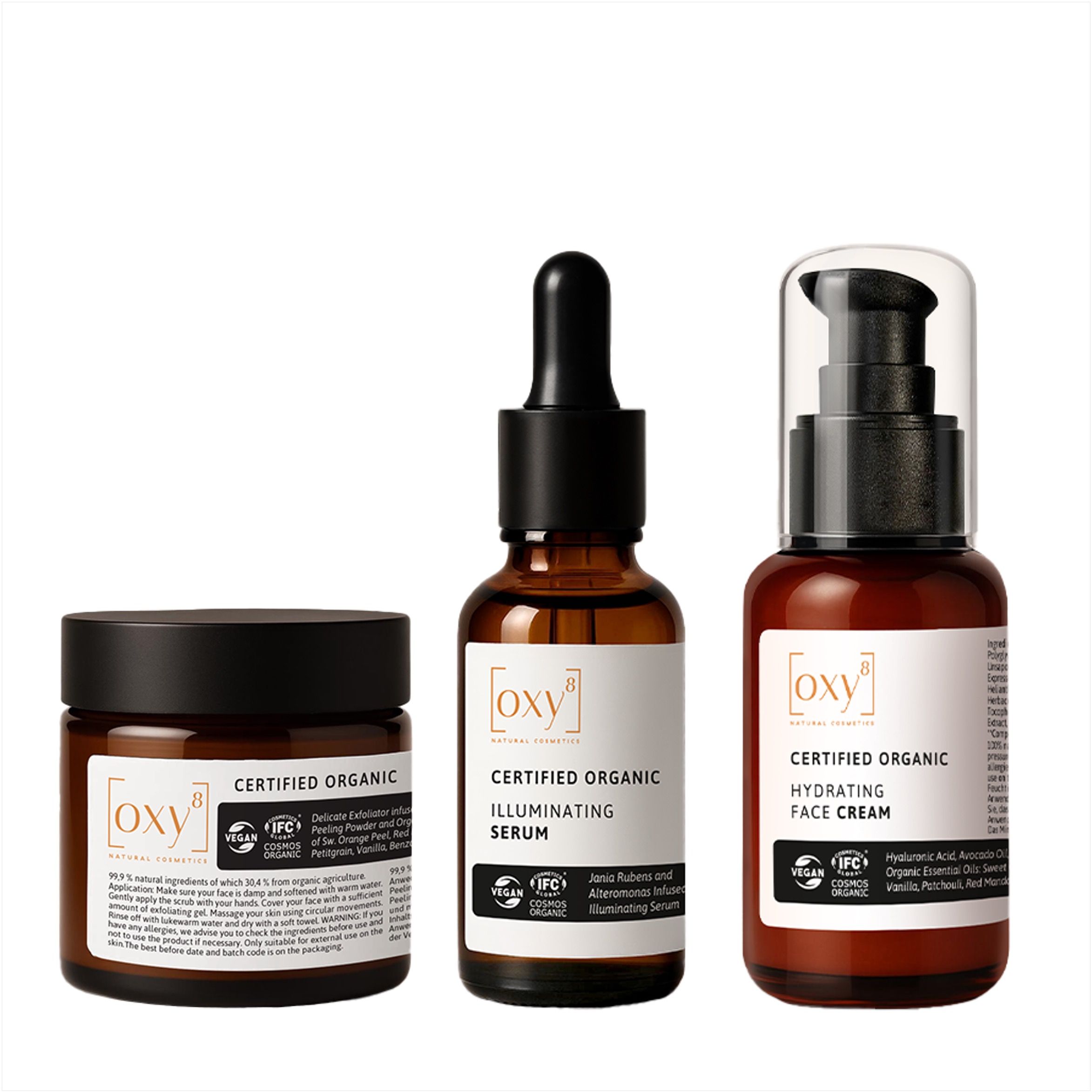 Drei OXY8 Naturkosmetik Tiegel und Flaschen: Peeling Gel, Serum, Gesichtscreme.