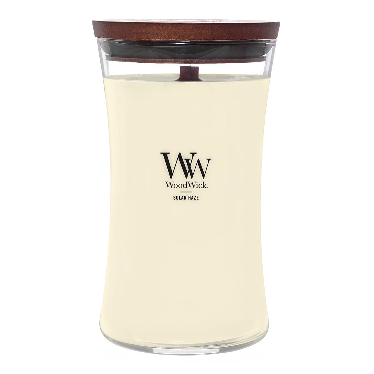 Kerze mit Deckel. WoodWick-Logo und Produktname Solar Haze. Glasbehälter mit Holzdeckel.