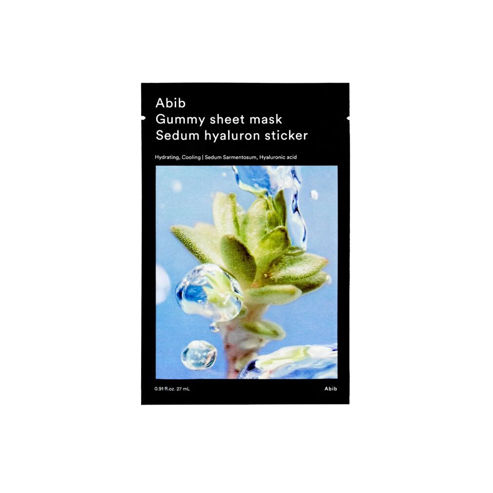 Abib Gummy Sheet Mask Sedum Hyaluron Sticker Packung mit Pflanze und Wassertropfen.