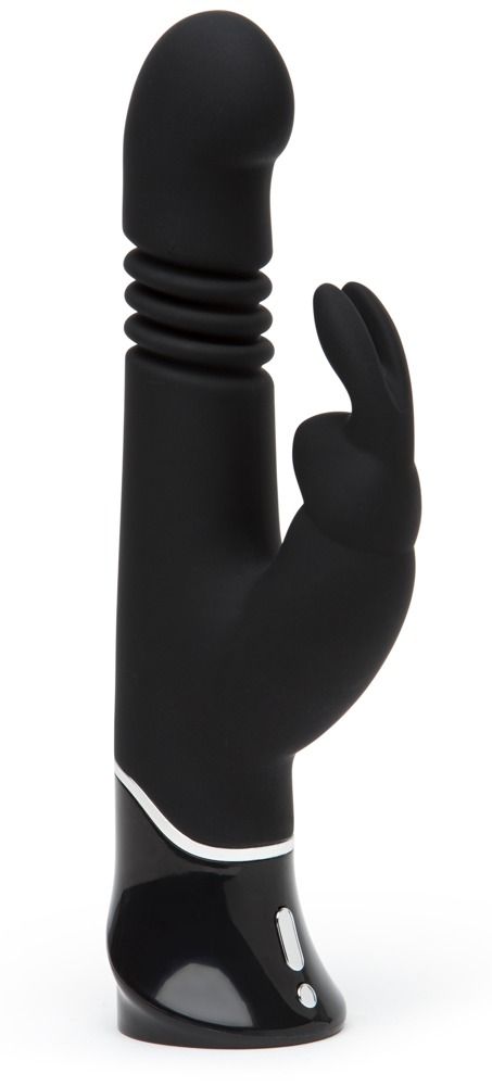 Schwarzer Vibrator mit geripptem Schaft und Hasenohren-Aufsatz. Glänzender Sockel mit Bedienelementen.