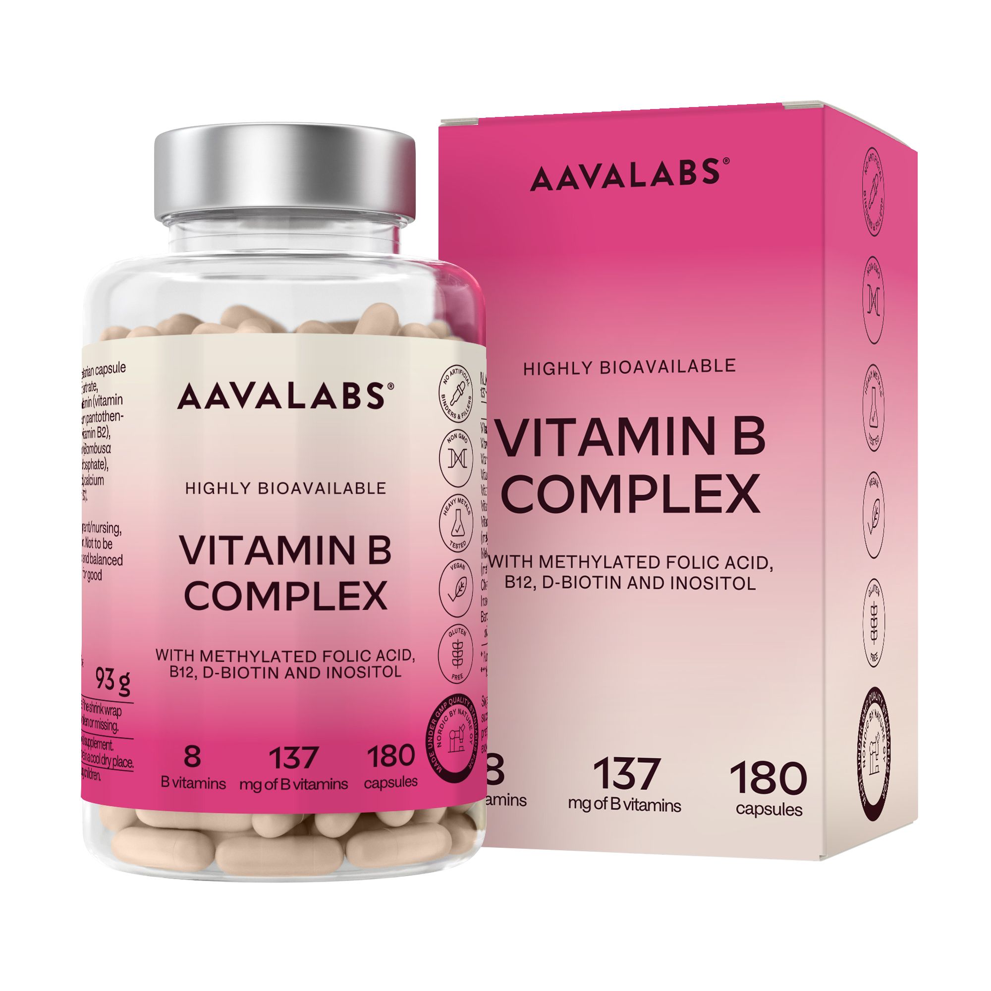 Flasche und Schachtel mit Kapseln. Text: AAVALABS Vitamin B Complex. Rosa Hintergrund.