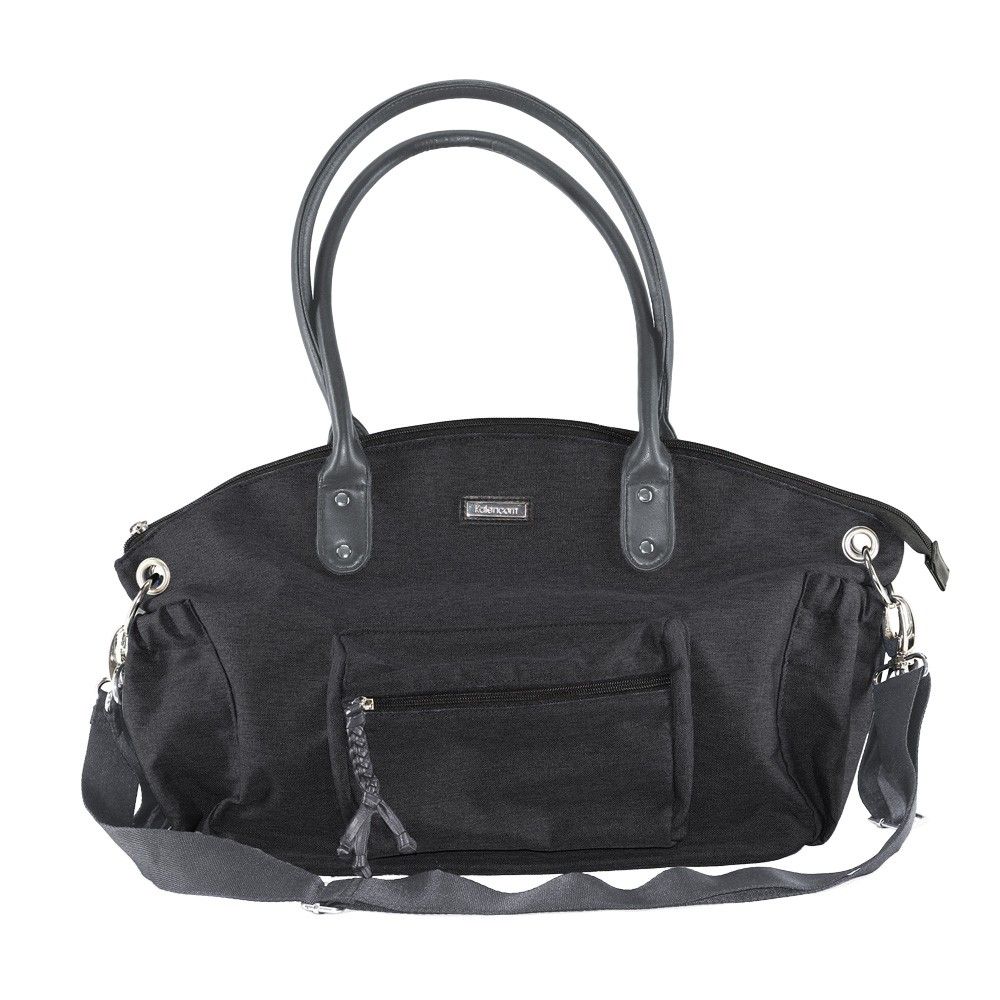 Schwarze Wickeltasche mit Henkeln und Schulterriemen. Fronttasche, Reißverschluss. Metall-Details.