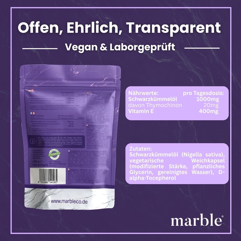 Produktverpackung. Text: Offen, Ehrlich, Transparent. Vegan & Laborgeprüft. Nährwerte, Zutaten. Marke: marble. www.marbleco.de. Grün-Siegel.