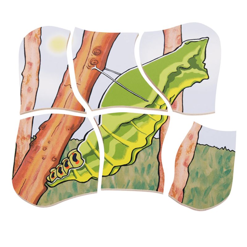 Puzzlespiel mit Schmetterling-Motiv. Holzrahmen, Puppe, Ast, gelb, grün. Marke: Beleduc.