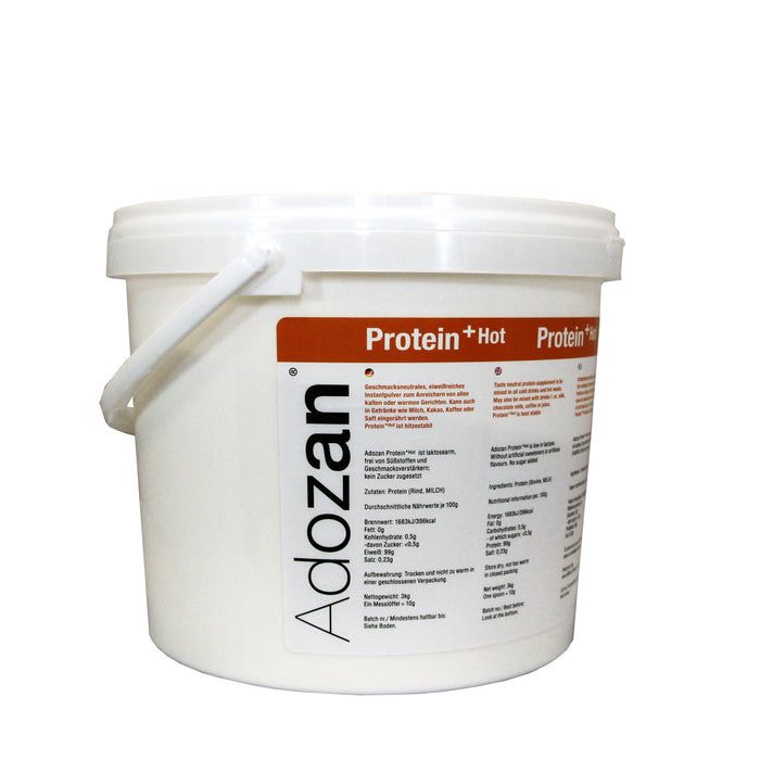 Weißer Eimer mit Aufschrift Protein+Hot und Nährwertangaben. Enthält Informationen zu Inhaltsstoffen und Nährwerten.
