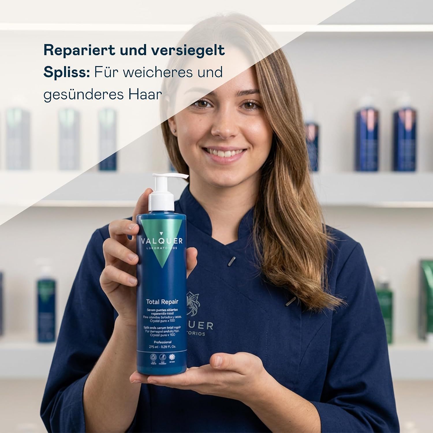 Flasche 'Valquer Total Repair' Serum mit Pumpspender, 275ml, mit Siegeln und Text auf dem Etikett.