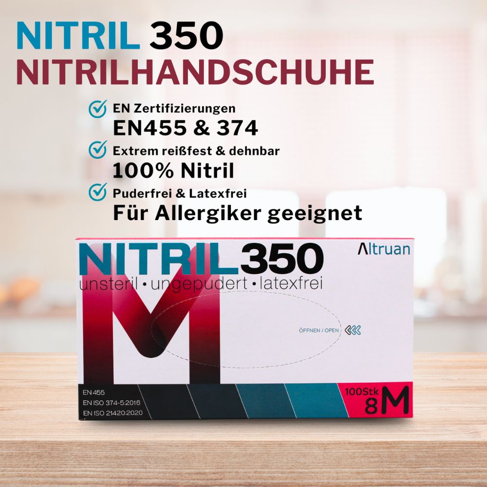 Verpackung mit Nitril 350 Handschuhen. Text: EN-Zertifizierungen, EN455 & 374, extrem reißfest, 100% Nitril, puderfrei, für Allergiker geeignet.