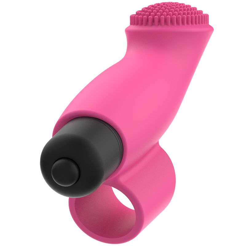 Finger-Vibrator, pink, mit Ring und Vibrationskopf. Schwarzer Knopf. Silikon-Material.