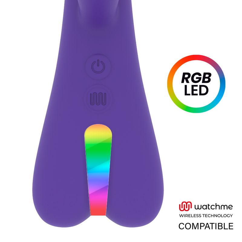 Unterseite eines violetten Stimulators mit RGB-LED-Beleuchtung und Bedienknöpfen. Watchme Wireless Technology kompatibel.