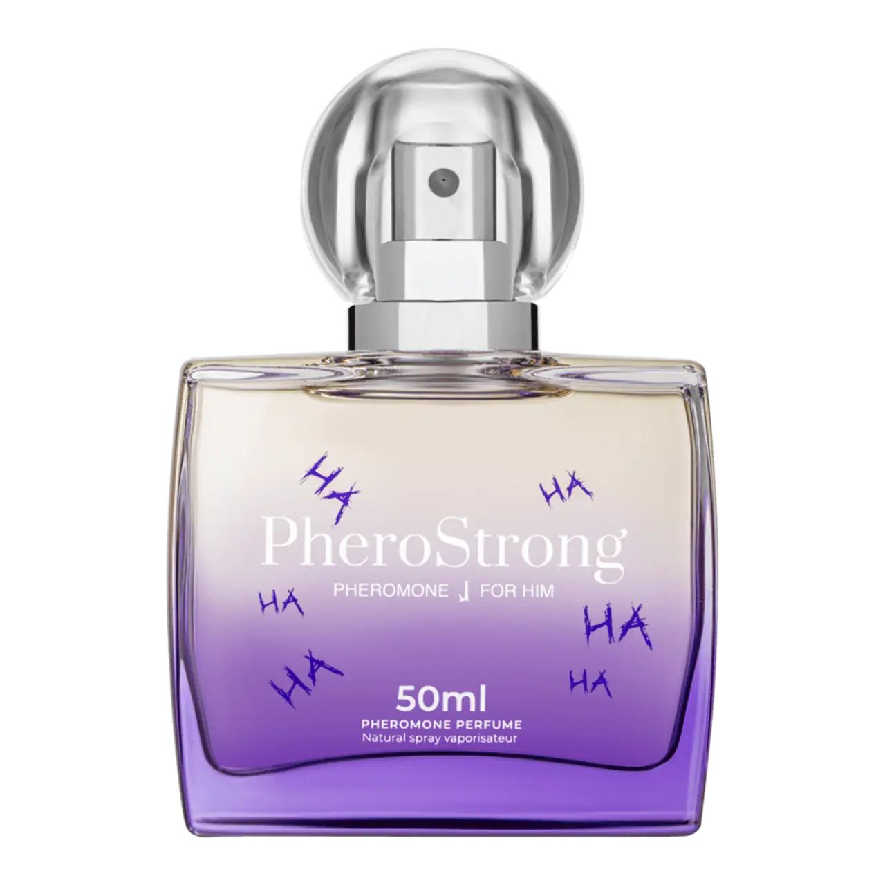 PheroStrong Parfümflakon, 50ml, mit lila Farbverlauf und "HA"-Schriftzug.