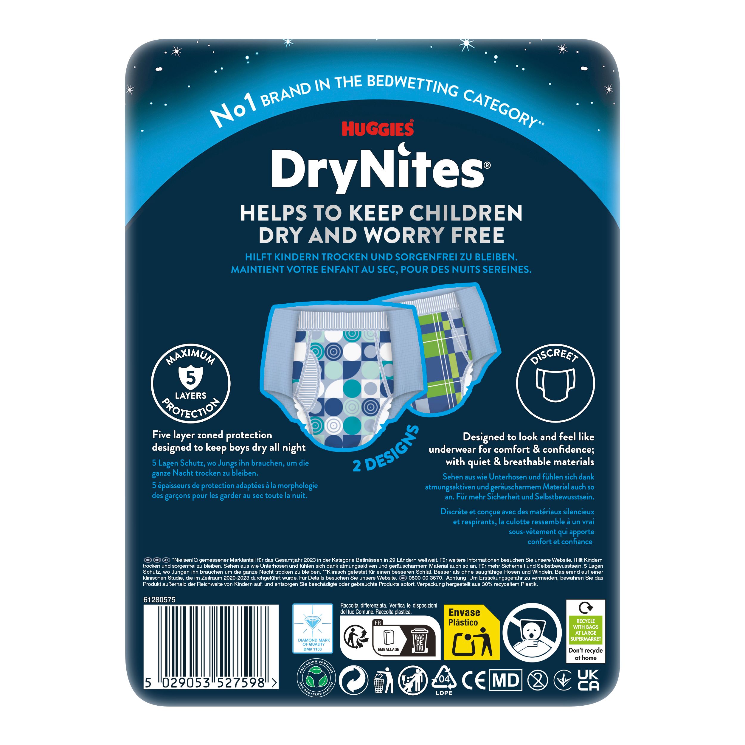 Rückseite der DryNites Pyjama Pants Verpackung. 2 Designs. 5 Schutzschichten. Diskret. Informationen zur Verwendung.