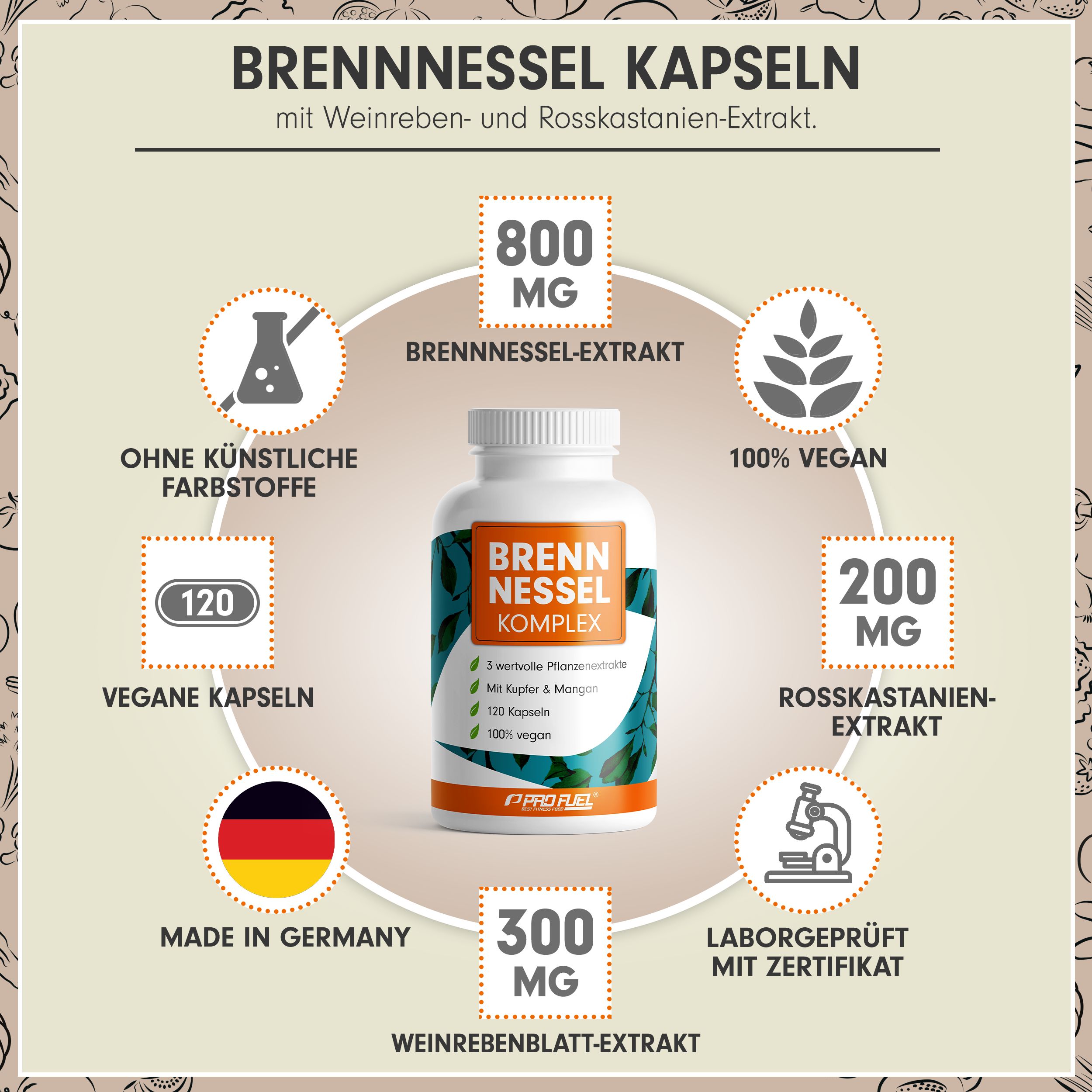 Weiße Flasche mit Brennnessel Komplex Kapseln. Enthält 800mg Brennnesselextrakt, 200mg Rosskastanienextrakt, 300mg Weinrebenblatt-Extrakt. 120 vegane Kapseln.