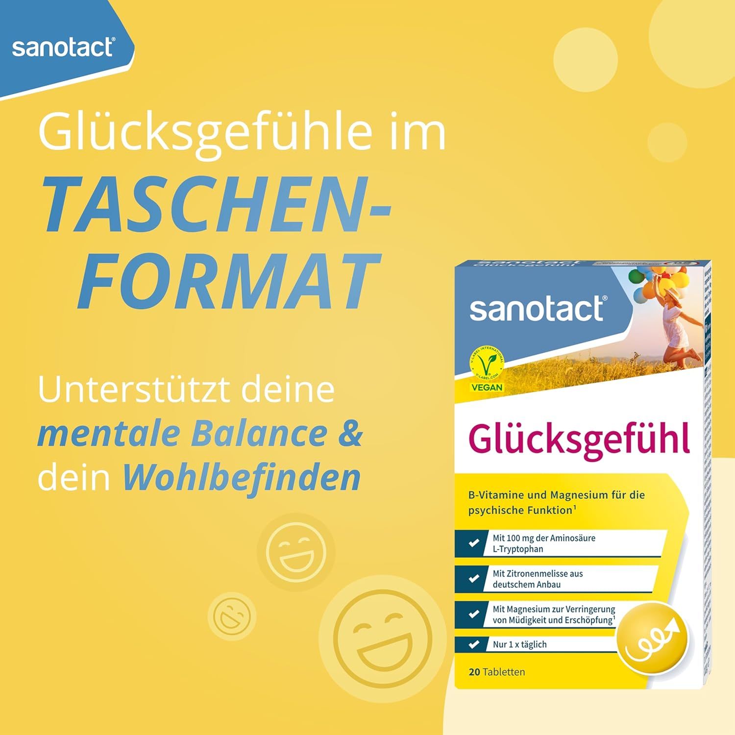 Packung sanotact Glücksgefühl im Taschenformat. Text: Unterstützt deine mentale Balance & dein Wohlbefinden. 20 Tabletten.