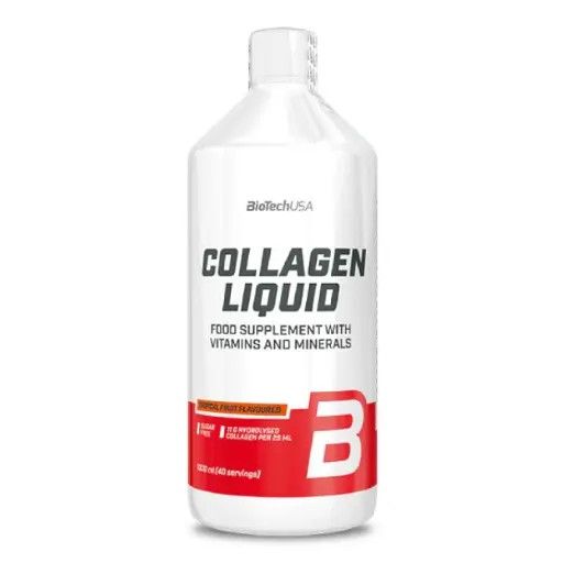 Weiße Flasche Collagen Liquid von BiotechUSA. Roter Streifen mit Produktnamen und Inhaltsangaben. Tropische Frucht Aromen.