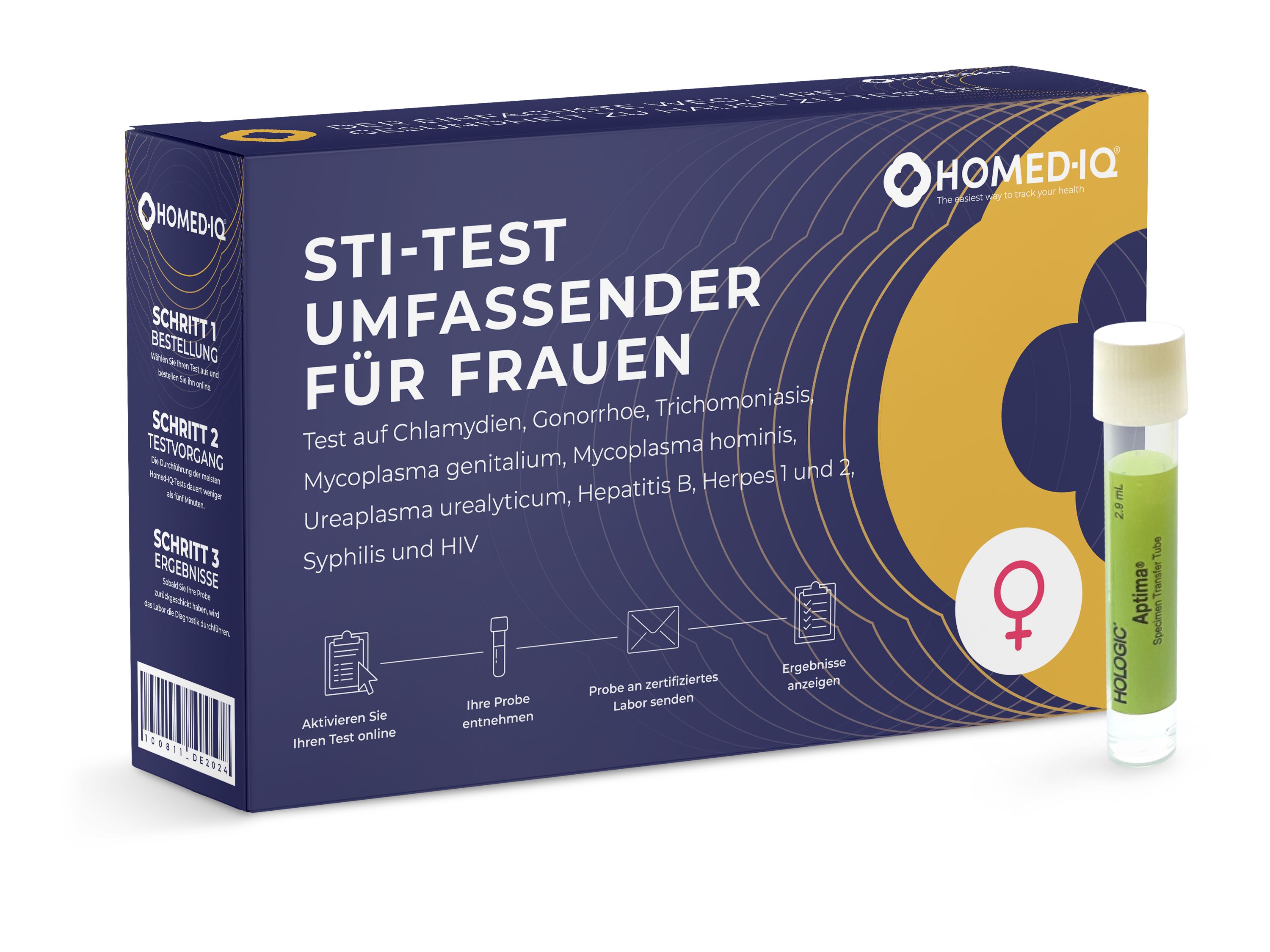 Verpackung des Homed-IQ STI-Tests für Frauen. Enthält Test auf Chlamydien, Gonorrhöe, Trichomoniasis, etc. Mit Teströhrchen.