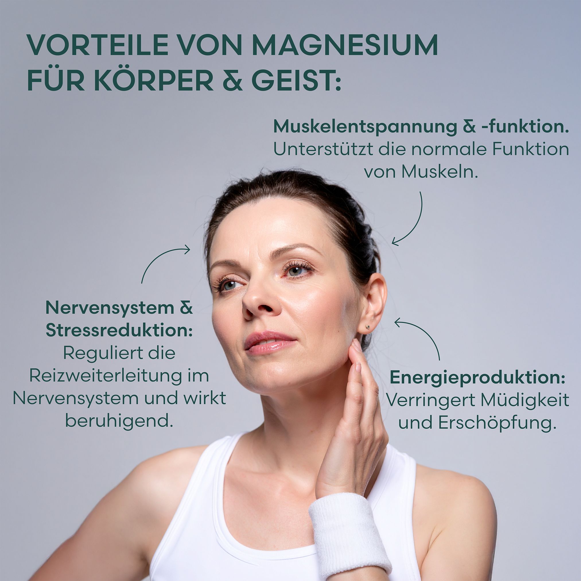 Frau berührt Hals. Text: Vorteile von Magnesium für Körper & Geist. Muskelentspannung, Nervensystem & Stressreduktion, Energieproduktion.