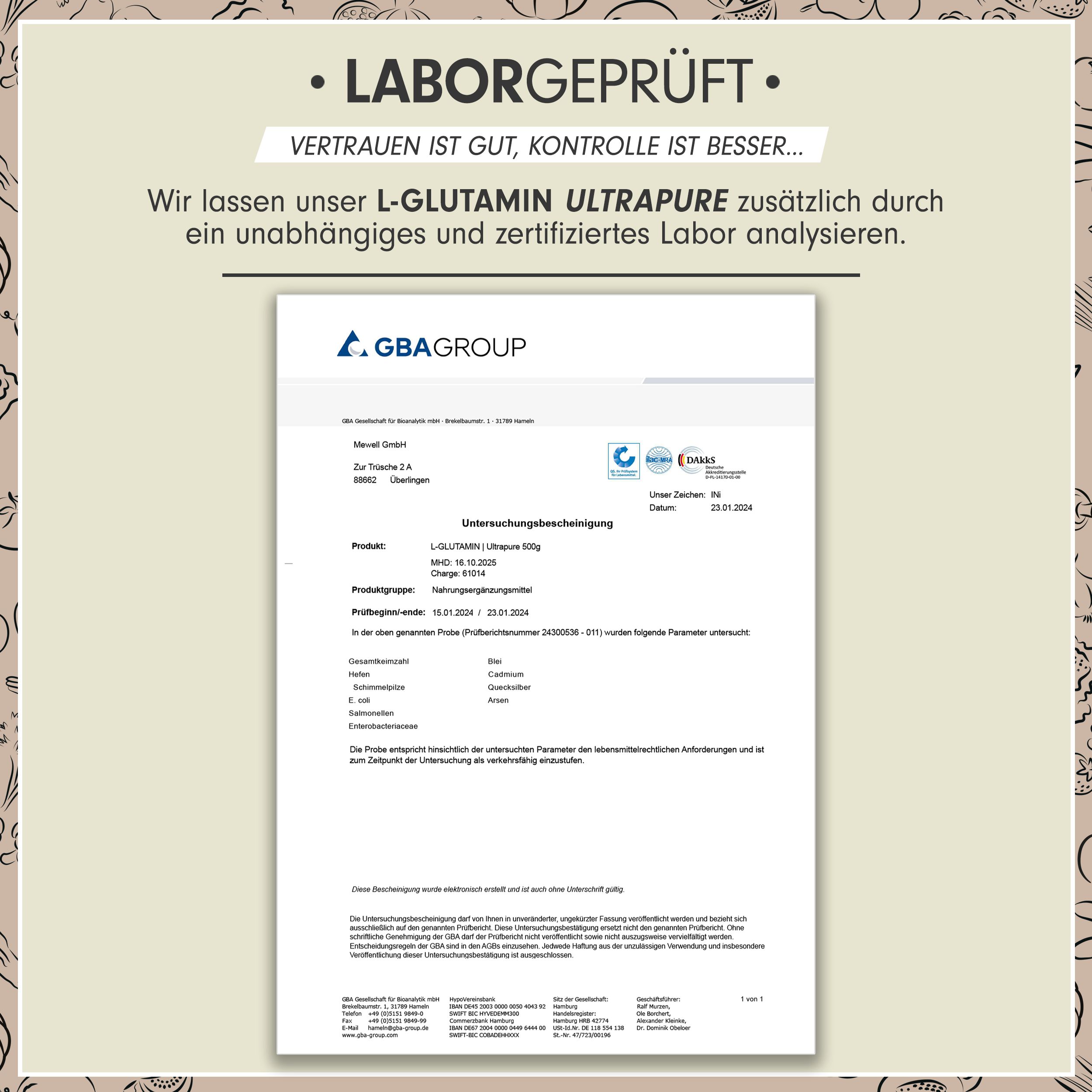 Laborbericht von GBA Group. Analyse von L-Glutamin Ultrapure. Zertifiziertes Labor.